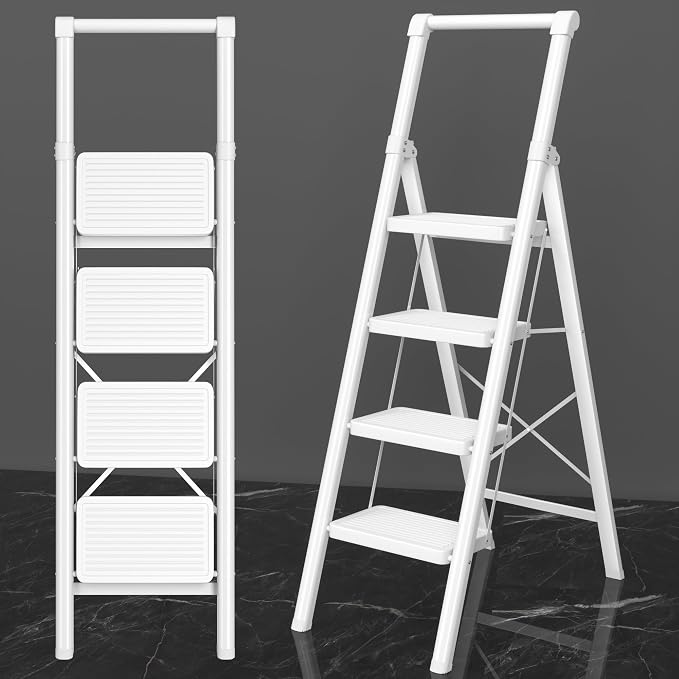 DIAMONDFORGE 4 Step Ladder, Folding Step Stool & Collapsible Stool for Kitchen, 330lbs Capacity with Wide Anti-Slip Pedal & Feet, Sturdy Steel Step Ladder for Home and Office, White