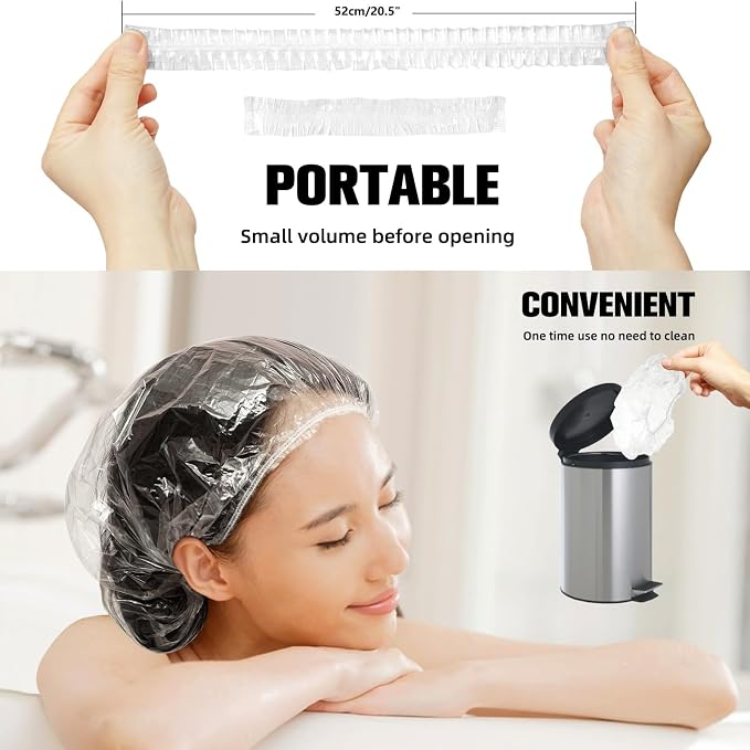 Larger Shower Caps Disposable, 200PCS Thicker Waterproof Plastic Elastic Hair Bath Caps, Plastic Hair Caps for Women, Spa, Home Use, Hotel and Hair Salon, Portable Travel