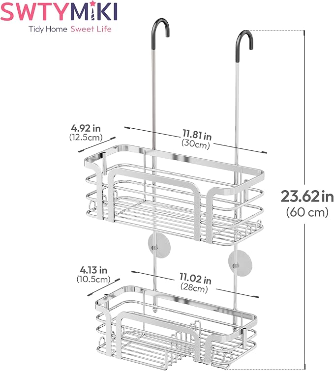 SWTYMIKI Shower Caddy Hanging Organizer - Over the Door Shower Caddy with Soap Holder, 11 Hooks, 2 Installation Ways, Stainless Steel Rustproof Bathroom Organizer, Silver