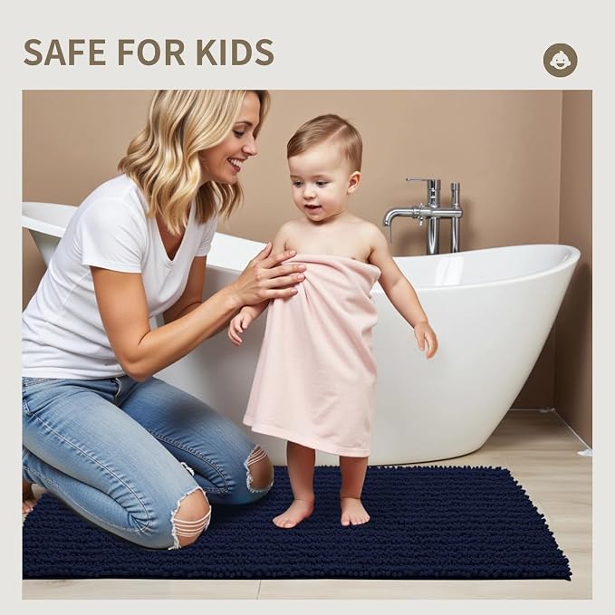 Bathroom Rugs Non Slip Washable 55x24, Extra Thick Soft Chenille Absorbent Bath Mat, High Density Barrier Non Slip Backing, Quick Dry Plush Shaggy Floor Carpet for Tub&Shower, Navy