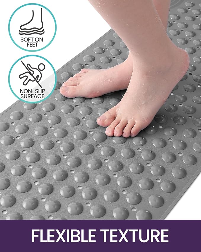 DEXI Bathtub Mat Non Slip 16x35, Shower Floor Mats for Bathroom Bath Tub, Washable Oval Bathmat with Suction Cups and Drain Holes, Grey
