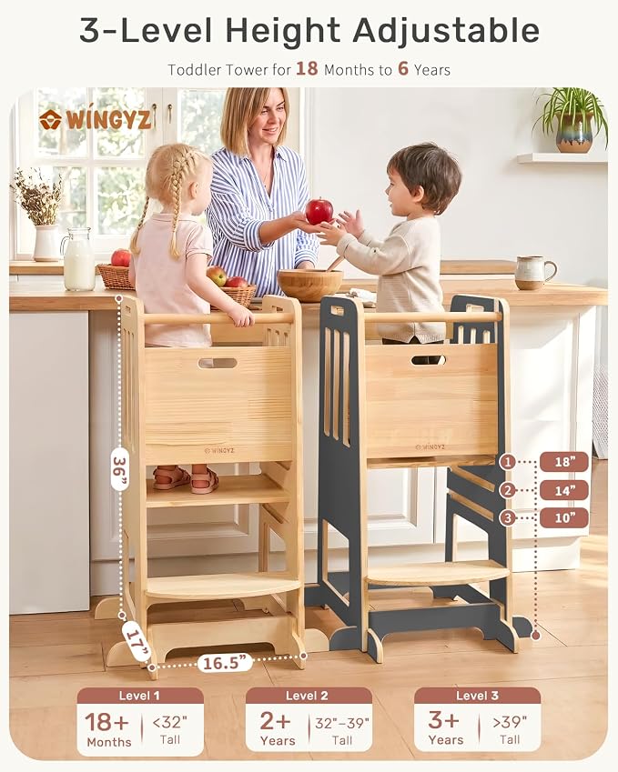 WINGYZ Toddler Tower - Anti-Tip Natural Wood Learning Stool Helper for Kids 18M-6Y, 150lb Capacity Kitchen Stool with 3-Height Adjustable Platform and Sliding Door Access, 20lb Portable Design, Black