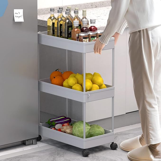SPACELEAD 3 Tier Rolling Cart with Wheels, Storage Craft Art Trolley Organizer Serving, 3 Hanging Baskets Easy Assembly, for Office, Living Room, Kitchen, Gray