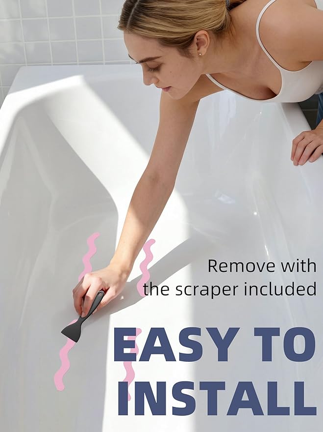 Secopad Patented Anti Slip Shower Stickers, 24PCS Adhesive Decals Safety Strips with Scraper for Bath Tub, Shower Floor, Stairs, Pink, 0.8"*8"