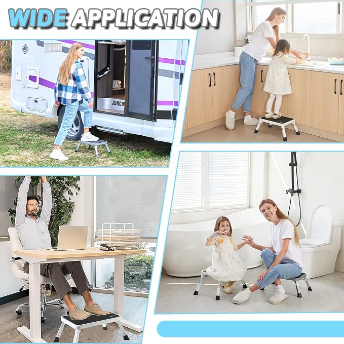 Double Elite 3 Levels Adjustable Folding One Step Stool, Safer Metal Step Stools for Adults/Seniors, Heavy Duty Small Foldable Kitchen Stepping Stool for Bathroom Toddlers, Foot Stool Desk Office Work