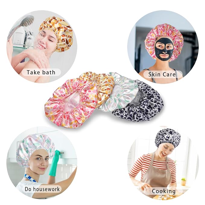 Shower Caps for Women, 4 PCS Elastic and Reusable Bath Caps, Double Layers Shower Cap Reusable Waterproof, Bathing Shower Caps, Environmental Bath Hair Protection Cap - Stone