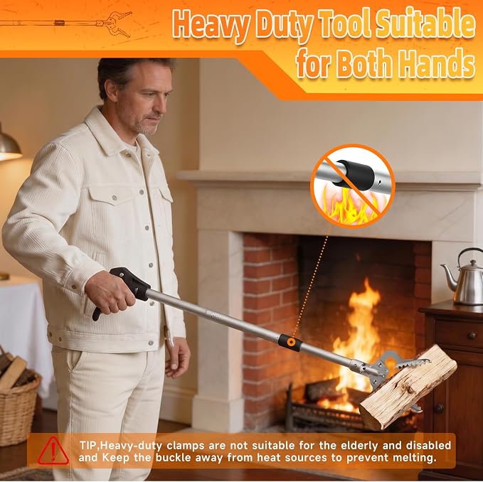 Heavy Duty Reacher Grabber Pickup Tool,38inch Short Fireplace Fits Grabber Reacher Tool Aluminum Alloy Trash Picker Wide Jaws Hollow Wood Grabber Tool Log BBQ Tongs with Study Durable Handle
