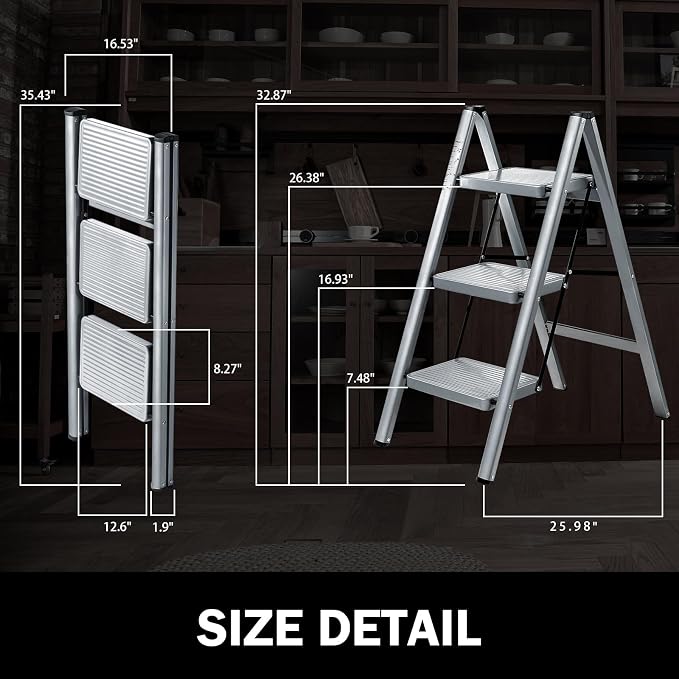 XinSunho 3 Step Ladder, Folding Step Stool with Anti-Slip Wide Pedal, Portable Sturdy Steel Ladder 3 Steps, 330lbs Safety Kitchen & Household Ladder