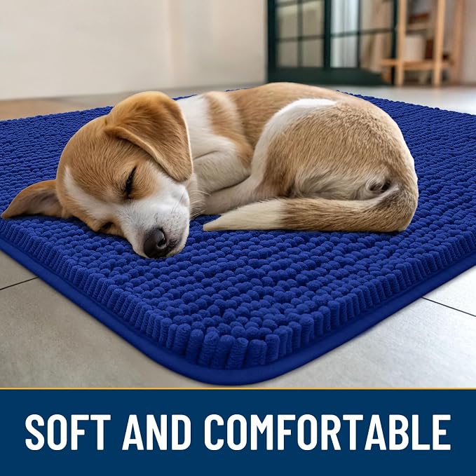 Smiry Dog Door Mat for Muddy Paws 48x30, Absorbent Dirt Trapper, Non-Slip Washable Chenille Entryway Rug for Inside Floor, Royal Blue, Classic Solid