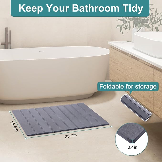 Foldable Stone Bath Mat, Quick-Drying Diatomite Bath Mat | Fast-Drying Hard Stone Drying Mat for Bathroom Shower Floor, 23.6 x 15.4 inch (Dark Grey)