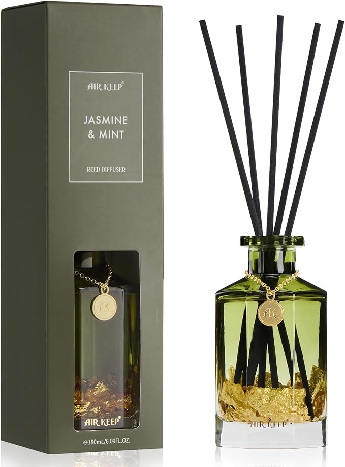 Airkeep Reed Diffuser Set,Jasmine Mint Luxury Scented Diffuser with Sticks Long Lasting Home Fragrance for Bathroom Shelf Decor 6.09 fl oz (180ml)