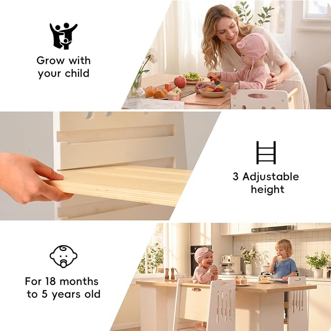 Toddler Tower,Height-Adjustable Step Stool with Sliding Safety Door,Easy to Adjust Height,Suitable for Kids from 18 Months to 5 Years Old,Anti-tilt Kitchen Step Stool with Safety Feet-White