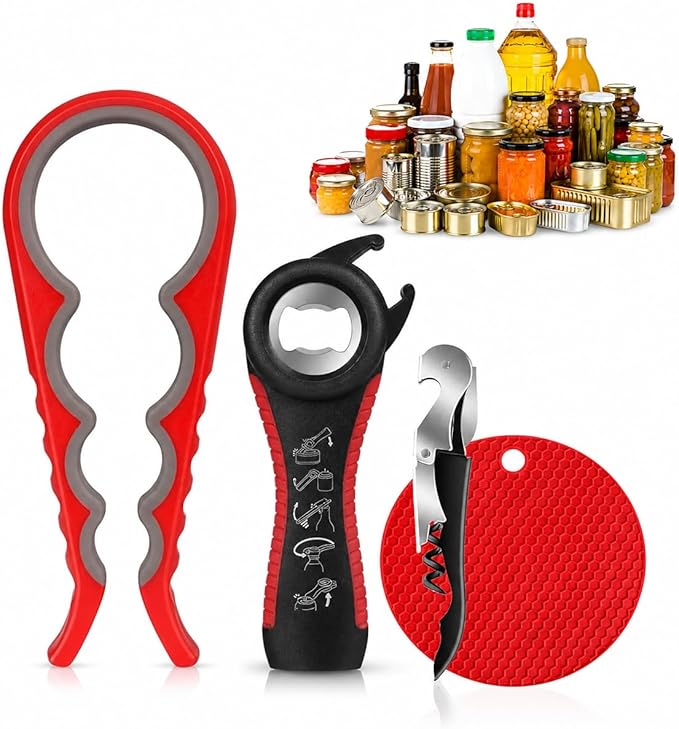 Can Openers for Seniors with Arthritis 4PC-Set Jar Lid & Water Bottle Openers for Seniors | Kitchen Essentials for New Home Gadgets Gifts for Elderly | Non-Slip Silicone Rubber Gripper Pad