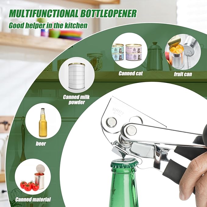 Commercial Can Opener Stainless Steel Handheld Can Opener Smooth Edge with Easy Crank Handle Black Swing Grips for Bulk Cans and All Size Cans