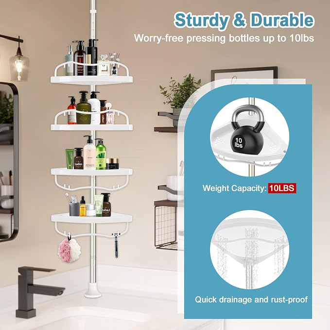 Corner Shower Caddy Tension Pole, Rustproof Bathtub Storage Organizer with 4 Adjustable Shelves, Bathroom Shower Rack Shampoo Holders for Inside Shower, 40"-120" Floor to Ceiling Shower Caddy Silver