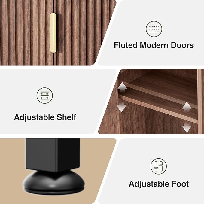 FiveWillowise Over The Toilet Storage Cabinet with Fluted Doors and Adjustable Shelf, Tall Bathroom Organizer with Metal Stand Space Saver Over Toilet, Wood Rack for Bathroom, Restroom, Laundry
