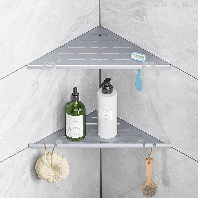 Shower Corner Shelf Organizer Rack with Hooks & Razor Hole, No Drilling Tile Shower Shelves, Rustproof Stainless Steel Bathroom Shelves Basket, Modern Corner Shelf for Bathroom, 2Pack-Silver