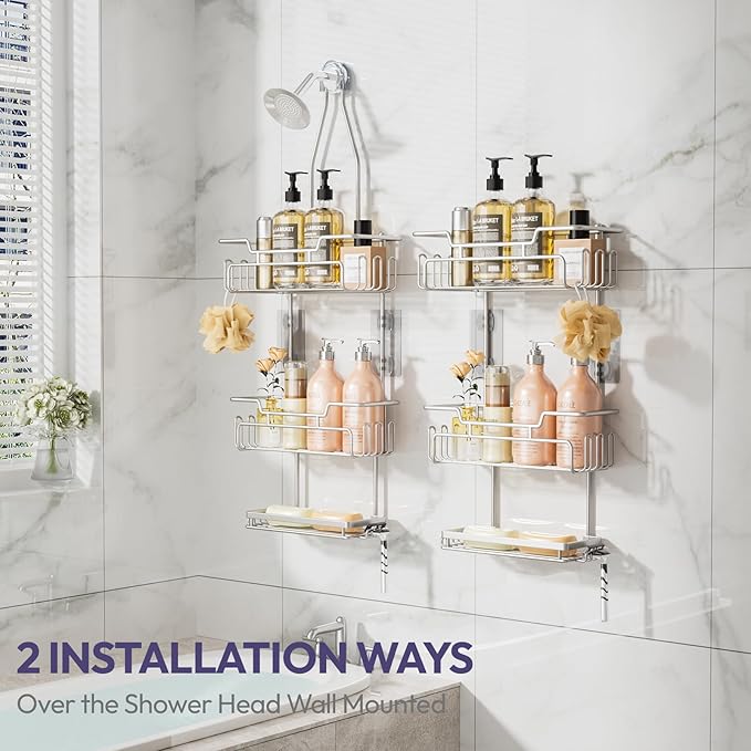 SWTYMIKI Bathroom Shower Caddy Hanging - 3 Tier Rustproof Over Shower Head Organizer, No Drilling Bathroom Shelf with 16 Hooks & Soap Holder, Anti-Swing Rack, Sand Nickel