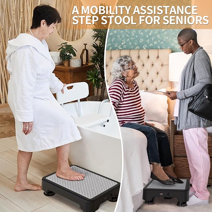 Ronlap One Step Stools for Adults, Portable Safety Step Platform for Seniors Small Plastic Bedside Step Stool Mobility Wide Step Stools Elderly Assistance for Shower Bed Car Stair Outdoor, Black-Gray