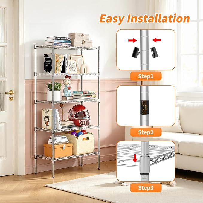 BestOffice | 5-Tier Wire Storage Shelves with Wheels | 14 x 30 x 61 | Chrome | with Adjustable Racks | Heavy-Duty Metal Shelf, Holds Upto 1250 lbs | No-Tool Assembly | Ideal for Home & Garage Shelving