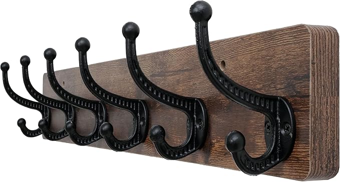 WEBI Rustic Coat Rack Wall Mount,24" Long 6 Cast Iron Coat Hooks Wall Mounted,Heavy Duty Wood Wall Coat Hanger Hooks for Hanging Coats,Jacket,Clothes,Backpack,Farmhouse,Rustic Brown