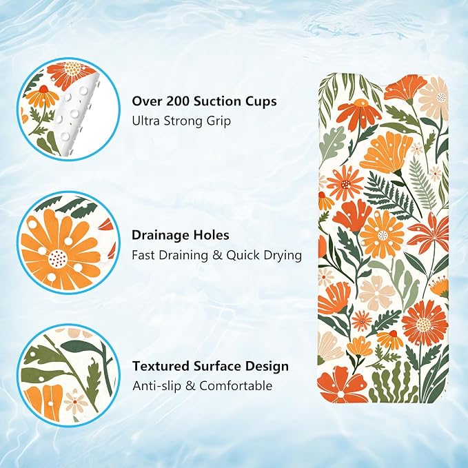 Bath Mat for Tub Non Slip, Aesthetic Bathtub Mats for Girls Non Slip Shower Mat Machine Washable 40"x16" Vintage Flora Tub Mats with Suction Cups and Drain Holes French Retro Style Bath Decor Women