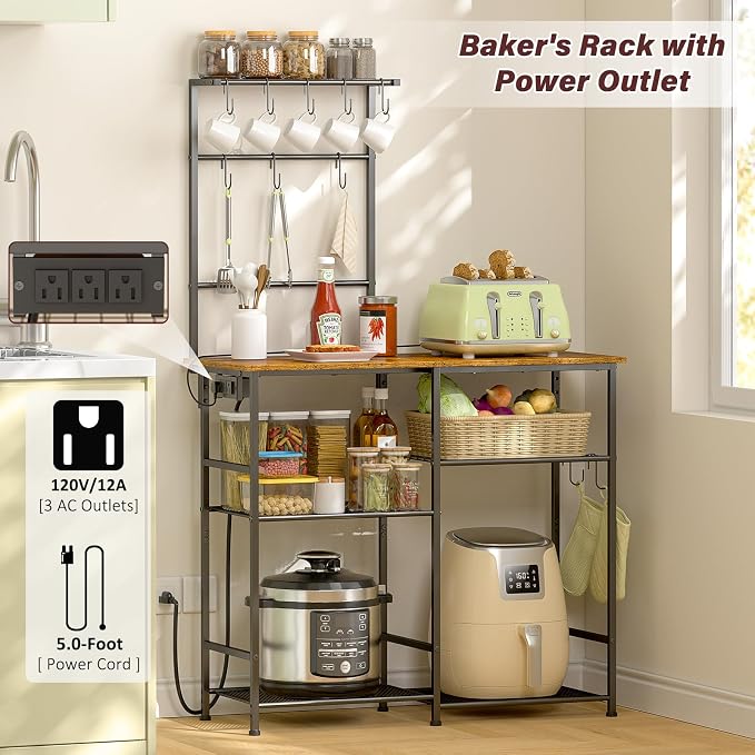 3IngSeagulls Bakers Rack with Power Outlet, Kitchen Microwave Stand with 10 S-shaped Hooks, 6-Tier Coffee Bar Station, Kitchen Storage Shelf Rack for Spices, Pots, Rustic Brown