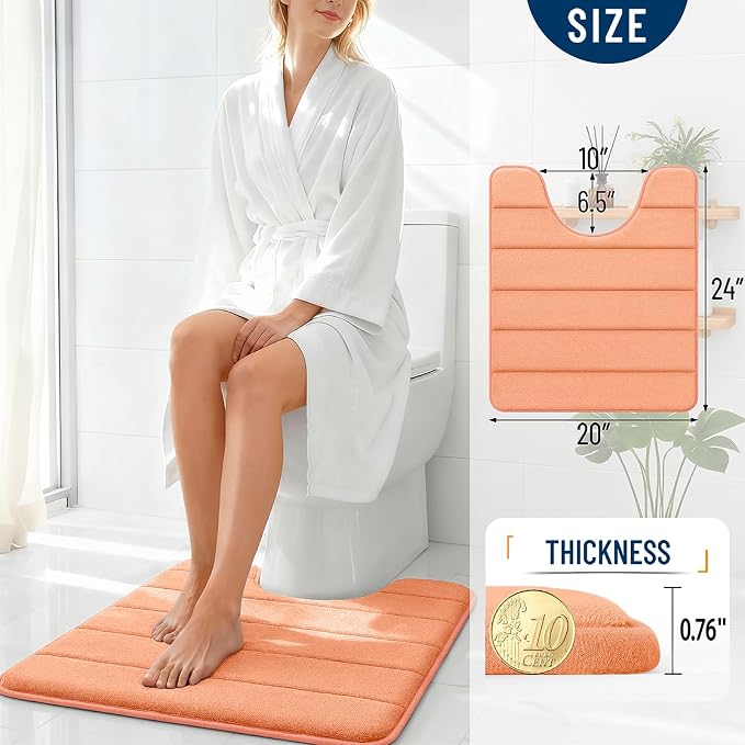 OLANLY Memory Foam Toilet Rugs U Shaped 24x20, Super Soft Absorbent Contour Bath Rugs, Quick Dry, Machine Washable Toilet Mat, Bathmat Floor Carpet, Bathroom Home Decor Accessories, Peach