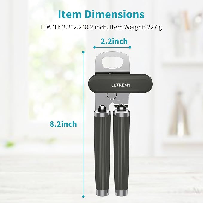 Ultrean Manual Can Opener Bottle Opener, Heavy Duty Stainless Steel Smooth Edge Manual Hand Held Can Opener With Soft Touch Handle, Rust Proof Oversized Handheld Easy Turn Knob (Gray)