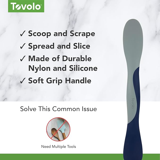 Tovolo Scoop and Spread Large Dual End Silicone Sandwich Spreader Tool with Nylon Handle, BPA Free Dishwasher Safe Silicone and Nylon Tool for Spreading and Scooping, Deep Indigo and Oyster Gray