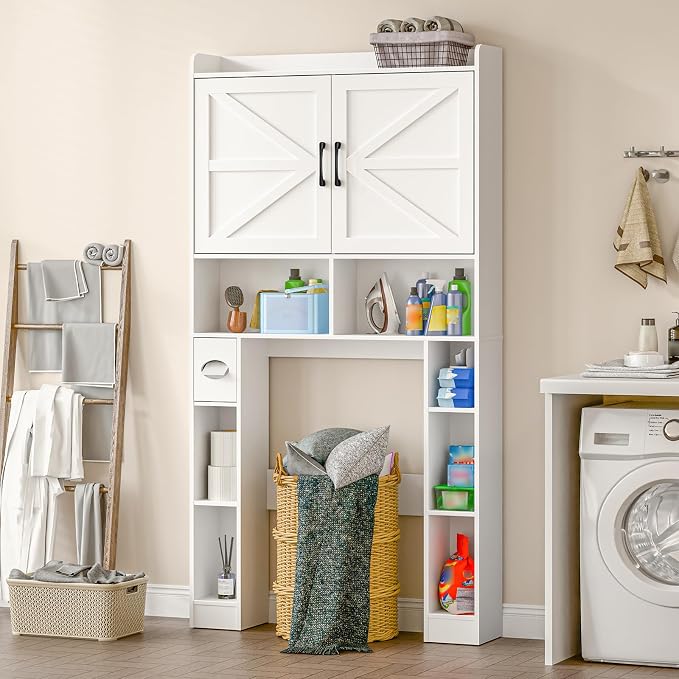 Over The Toilet Storage Cabinet, Farmhouse Toilet Cabinet Rack with Barn Doors, Space Saving Bathroom Organizer with Shelves, Toilet Paper Holder and Towel Rack for Bathroom,Restroom,Laundry（White）