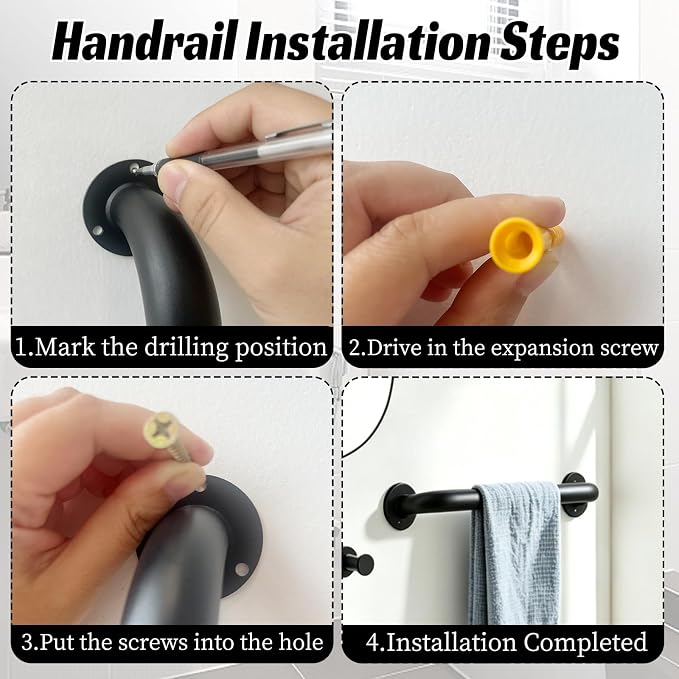 12 INCH Metal Stair Handrail 2pcs Wall Mount Handrail Indoor Safety Grab Bar for Stairs Handicap Grab Bars for Seniors Elderly,for Bathroom, Shower, Toilet-Matte Black