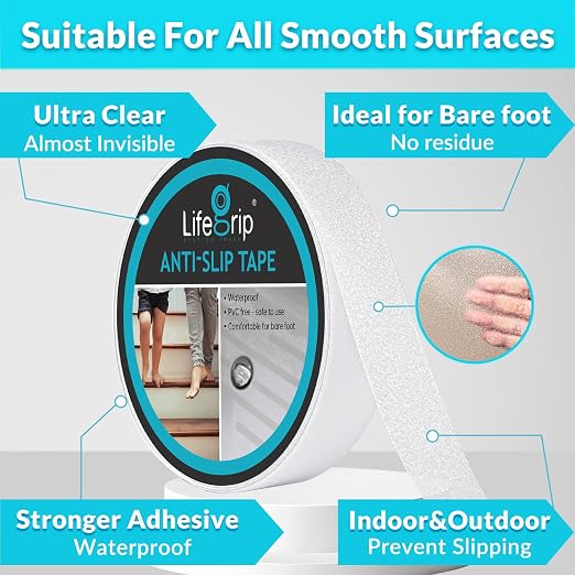 LifeGrip Anti Slip Transparent Anti Slip Tape, 1 inch by 30 feet, Non-Slip Traction Grip Tape to Tubs, Boats, Stairs, Clear, Soft, Comfortable for Bare feet (1" X 30')