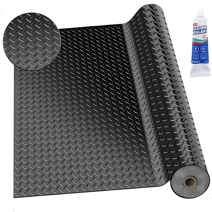 3mm Thin Diamond-Plate Rubber Flooring Roll, 2X 4 ft Waterproof Anti Slip Mat, Multi-Purpose Easy Clean Floor Protector for Garage, Laundry Room, Gym, Kennel
