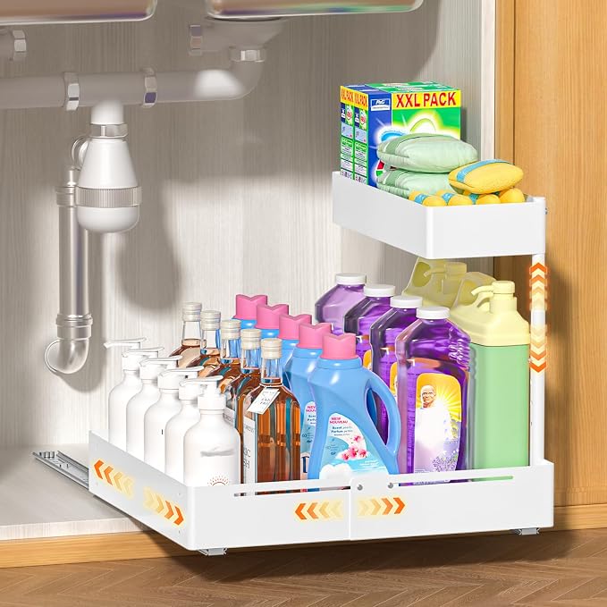 YJHome 1 Pack Expandable Under Sink Organizer, 2 Tier Pull Out Cabinet Organizer with Smooth Ball Bearing Slides, Adjustable Height Cabinet Storage Shelves for Kitchen, Bathroom, Laundry, Pantry
