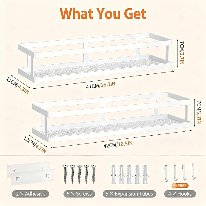 PUSDON 2-Pack 16.5" Extra Long Slim Shower Caddy, Adhesive Wall Mount Bathroom Organizer, Rustproof Open Frame Mesh Spice Rack for Kitchen, Holds 50LBS - White, Guardrail