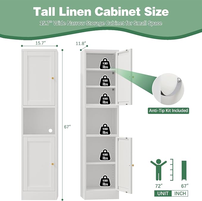 Bevivog Slim Kitchen Pantry Cabinet for Small Space, 67" Tall Narrow Storage Cabinets with Hutch and 3 Adjustable Shelves, Freestanding Tall Slim Bathroom Storage Cabinet