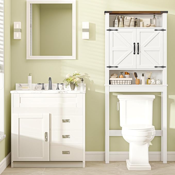 Halitaa Over The Toilet Storage Cabinet, Farmhouse Over Toilet Bathroom Organizer with 2 Barn Doors, Narrow Above Toilet Storage Cabinet, Behind Toilet Bathroom Organizer, White and Brown