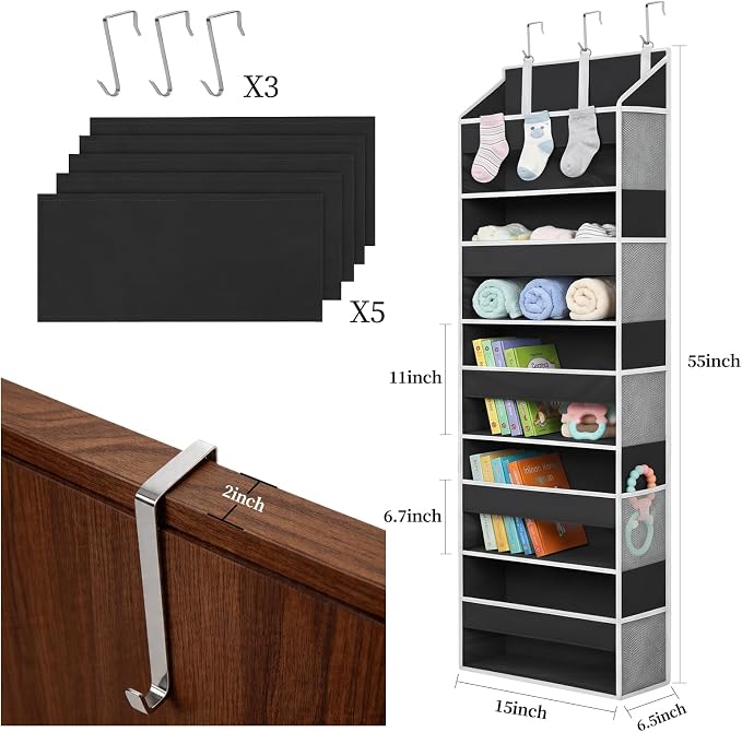 Over the Door Organizer, 5 Large Pockets Hanging Storage with Clear Windows, 10 Mesh Side Pockets, Holds Up to 44 lbs, Behind Door Organizer for Toys, Clothes, Nursery, Closet, Dorm, Black
