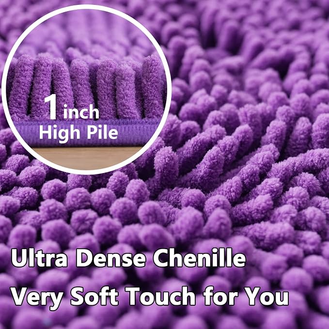 Bathroom Rugs Chenille 3-Piece Extra Soft and Absorbent Shag Bathroom Rugs, Machine Wash Mat, Strong PVC Non-Slip Underside, Plush Carpet Mats (Violet)