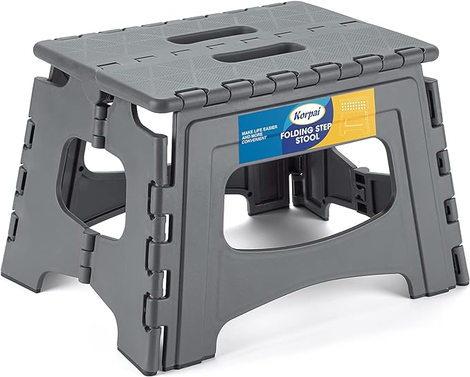 Korpai Upgrade 9" Folding Step Stool for Adults and Kids Holds Up to 300 lbs,Non-Slip Folding Stools with Portable Handle, Compact Plastic Foldable Step Stool for Bathroom, Kitchen,Grey,1 PC