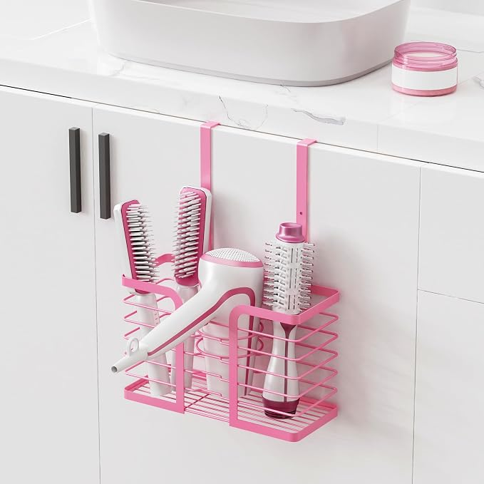 YIGII Pink Hair Dryer Holder, 3 Sections Organizer for Hair Tools, Wall Mounted/Cabinet Door Straightener Holder, Adjustable Height Metal Dryer Curling Iron Organizer