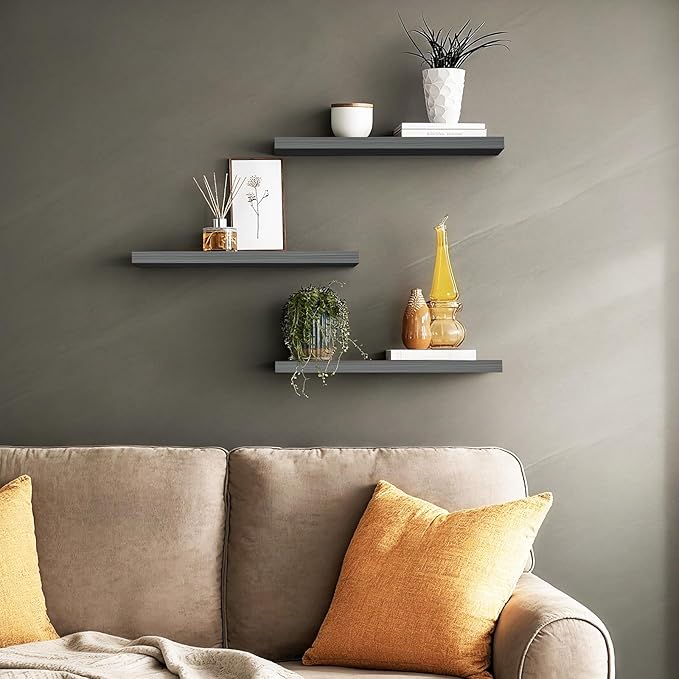 BAYKA Floating Shelves for Wall Grey, Set of 3, Wall Mounted Rustic Wood Shelves for Bathroom, Bedroom, Living Room, Kitchen, Hanging Shelf for Books/Storage/Decor with 22lbs Capacity, Black, 22.5in
