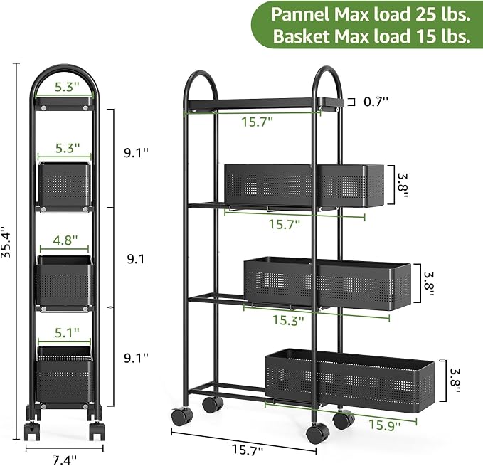 KINGRACK 4-Tier Slim Storage Cart with 3 Pull Out Basket, Rolling Bathroom Organizer Utility, Metal Shelving Unit Slide Out, Lockable Wheels, Easy Assembly for Narrow Place, Kitchen, Office, Black