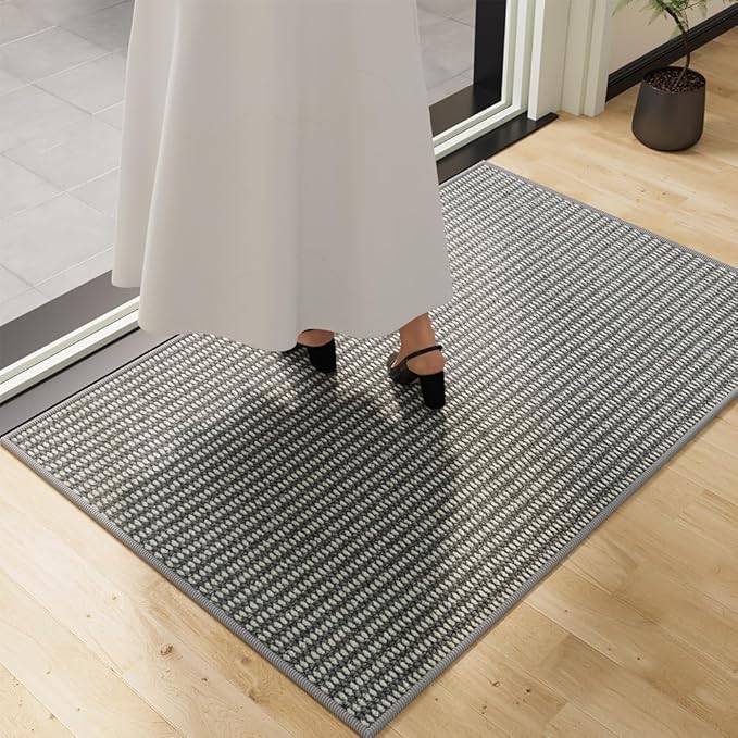Indoor Doormat, 24" x 40", White and Grey, Non-Slip Backing Protection,Low Profile Front Doormat, Front Door Mat Entrance, Entryway, Exquisite Lock Edge, Kitchen mats for Floor
