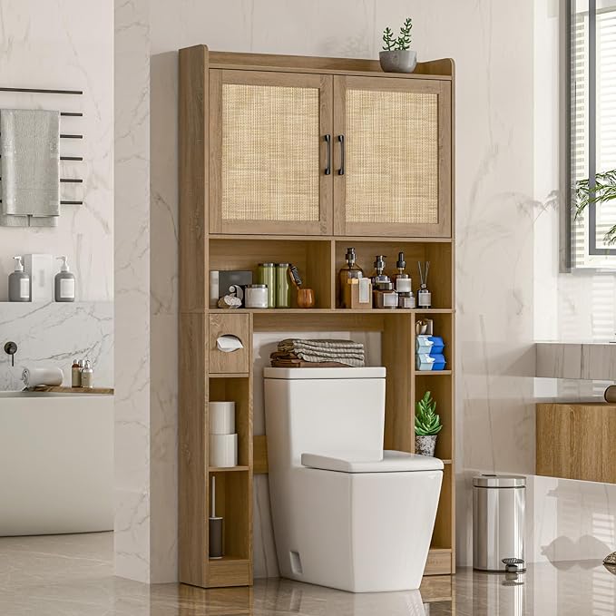 Over The Toilet Storage Cabinet, Farmhouse Toilet Cabinet Rack with Barn Doors, Space Saving Bathroom Organizer with Shelves,Toilet Paper Holder and Towel Rack for Bathroom,Restroom,Laundry,Rattan Oak