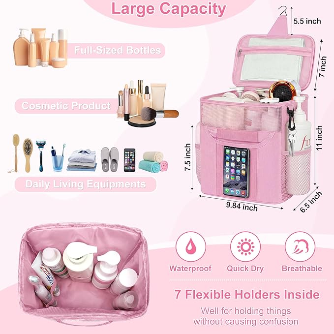 Attmu Shower Caddy Portable for Dorm Room Essentials, Hanging Shower Bag for College, Large Capacity Mesh Shower Caddy for Bath Essentials (Light Pink)