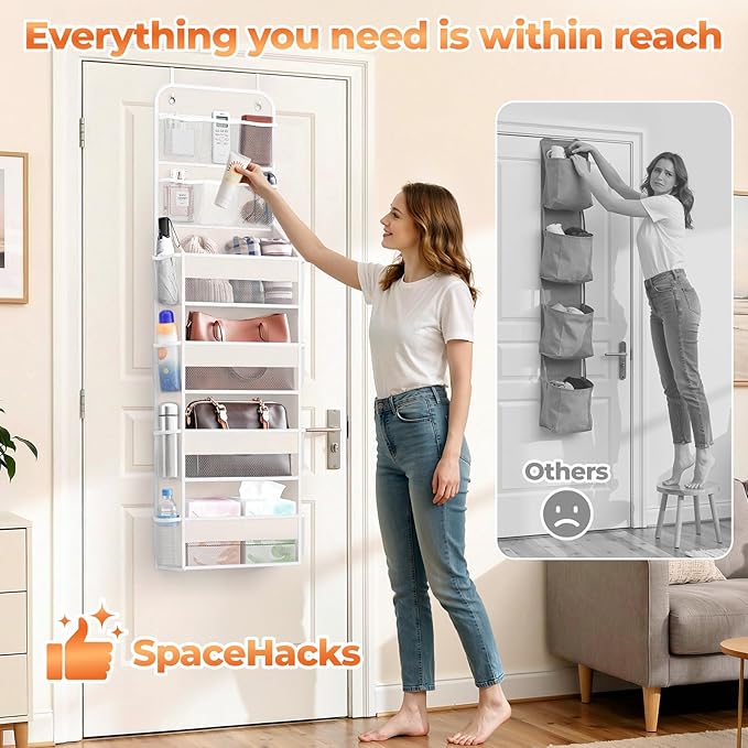 SpaceHacks 6-Tier Over the Door Organizer with Mesh Pockets, Baby Nursery Storage for Closet, Bathroom and Bedroom, Adjustable Hanging Closet Organizer for Cosmetics, Books and Essentials (Beige)