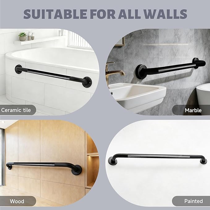 24 Inch Shower Grab Bar 1.25" Dia, 2 Pack Black Anti Slip Bathroom Grab Bar, 304 Stainless Steel Knurled Handicap Grab Bars, Safety Support Handrail,Bath Shower Handle for Elderly Injury Senior