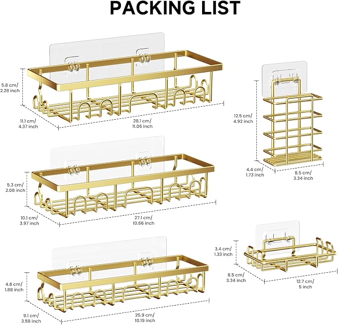 Shower Caddy, 5 Pack Shower Shelves for Inside Bathroom, Rustproof Adhesive Bathroom Organizer with Soap Holder, No Drilling Washroom Organizers and Storage for Bathtub Room/Kitchen/Home, Gold